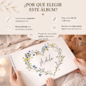 Álbum personalizado para bebé con nombre. Un recuerdo único para guardar los momentos más especiales de la infancia.
