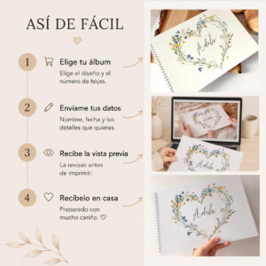 Proceso de personalización del álbum para bebé con nombre paso a paso antes de la impresión.