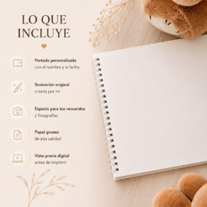 Interior del álbum personalizado para bebé con páginas en blanco para fotos, recuerdos, huellas y notas.