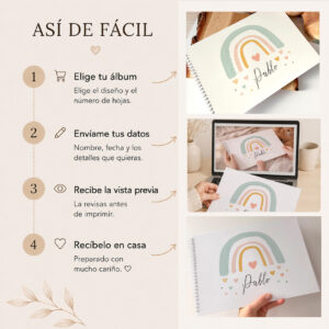 Proceso de personalización del álbum para bebé con nombre paso a paso antes de la impresión.