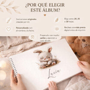 Álbum personalizado para bebé con nombre. Un recuerdo único para guardar los momentos más especiales de la infancia.