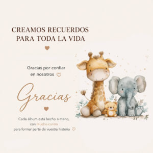 Tarjeta de agradecimiento de Julie Vanhaber junto a un álbum personalizado para bebé con ilustración de jirafa y elefantito.