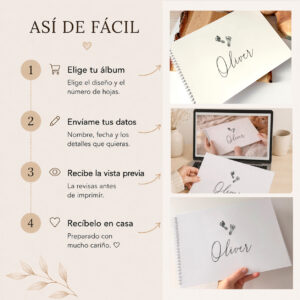 Proceso de personalización del álbum para bebé con nombre paso a paso antes de la impresión.