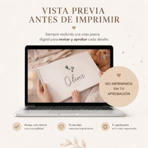 Vista previa del álbum personalizado para bebé antes de imprimir para aprobar el diseño.