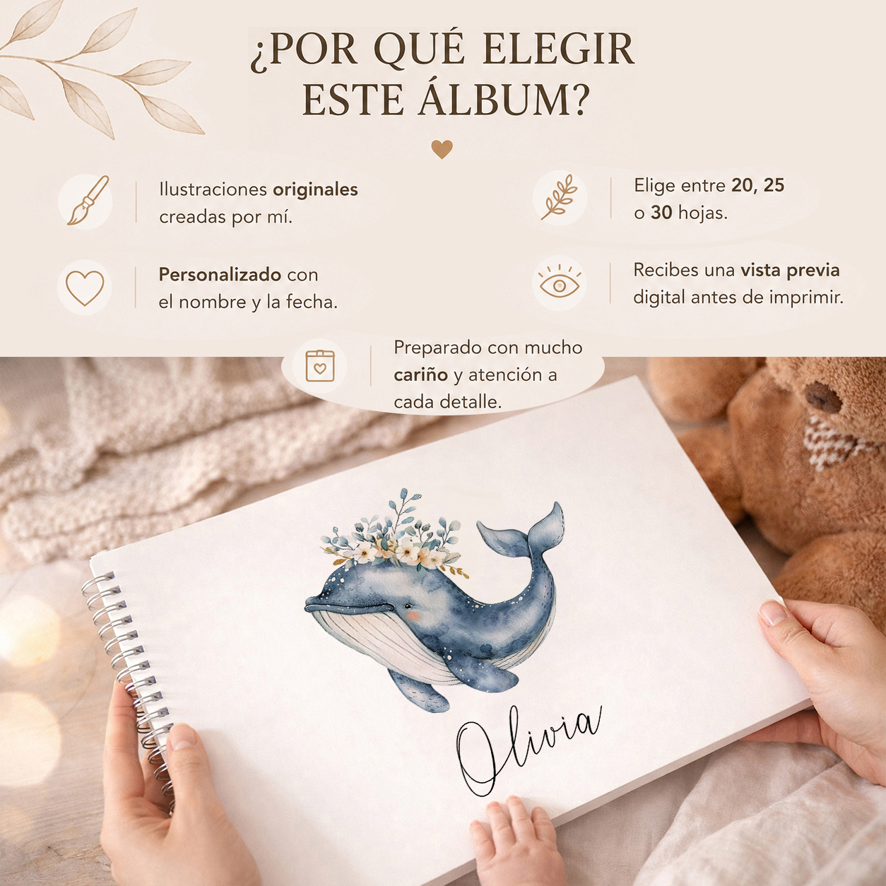 Álbum personalizado para bebé con nombre. Un recuerdo único para guardar los momentos más especiales de la infancia.