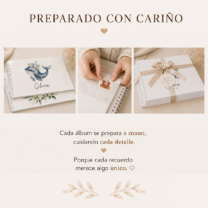 Álbum personalizado para bebé preparado con cariño y embalado cuidadosamente para regalo.
