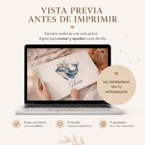 Vista previa del álbum personalizado para bebé antes de imprimir para aprobar el diseño.