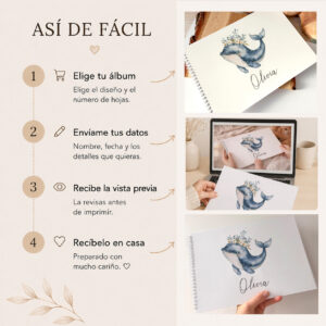 Proceso de personalización del álbum para bebé con nombre paso a paso antes de la impresión.