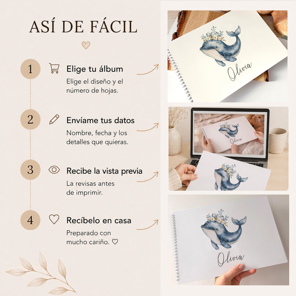 Proceso de personalización del álbum para bebé con nombre paso a paso antes de la impresión.