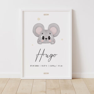 Lámina de nacimiento personalizada Ratoncito tierno en un marco blanco