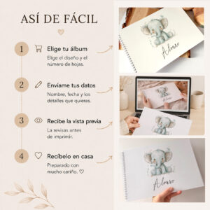 Proceso de personalización del álbum para bebé con nombre paso a paso antes de la impresión.