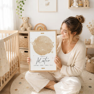 Madre sosteniendo una lámina de nacimiento personalizada del zodiaco