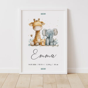 Lámina de nacimiento personalizada Jirafa y elefante con nombre y datos del bebé