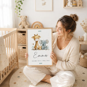 Madre sentada en una habitación infantil sosteniendo una lámina de nacimiento Jirafa y elefante