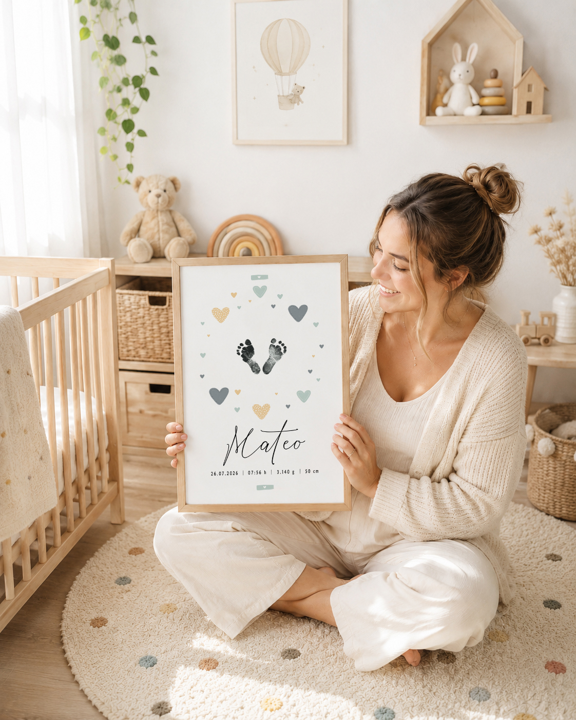Mamá en una habitación de bebé con una lámina de nacimiento personalizada de corazones azules
