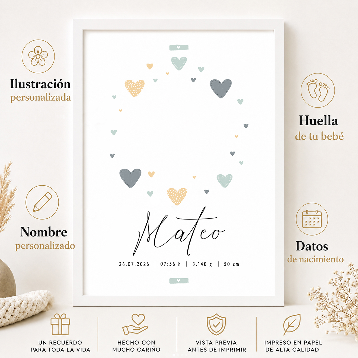 Características de la lámina de nacimiento personalizada con huellas y corazones azules