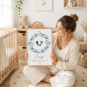 Mamá en una habitación de bebé con una lámina de nacimiento personalizada de flores azules