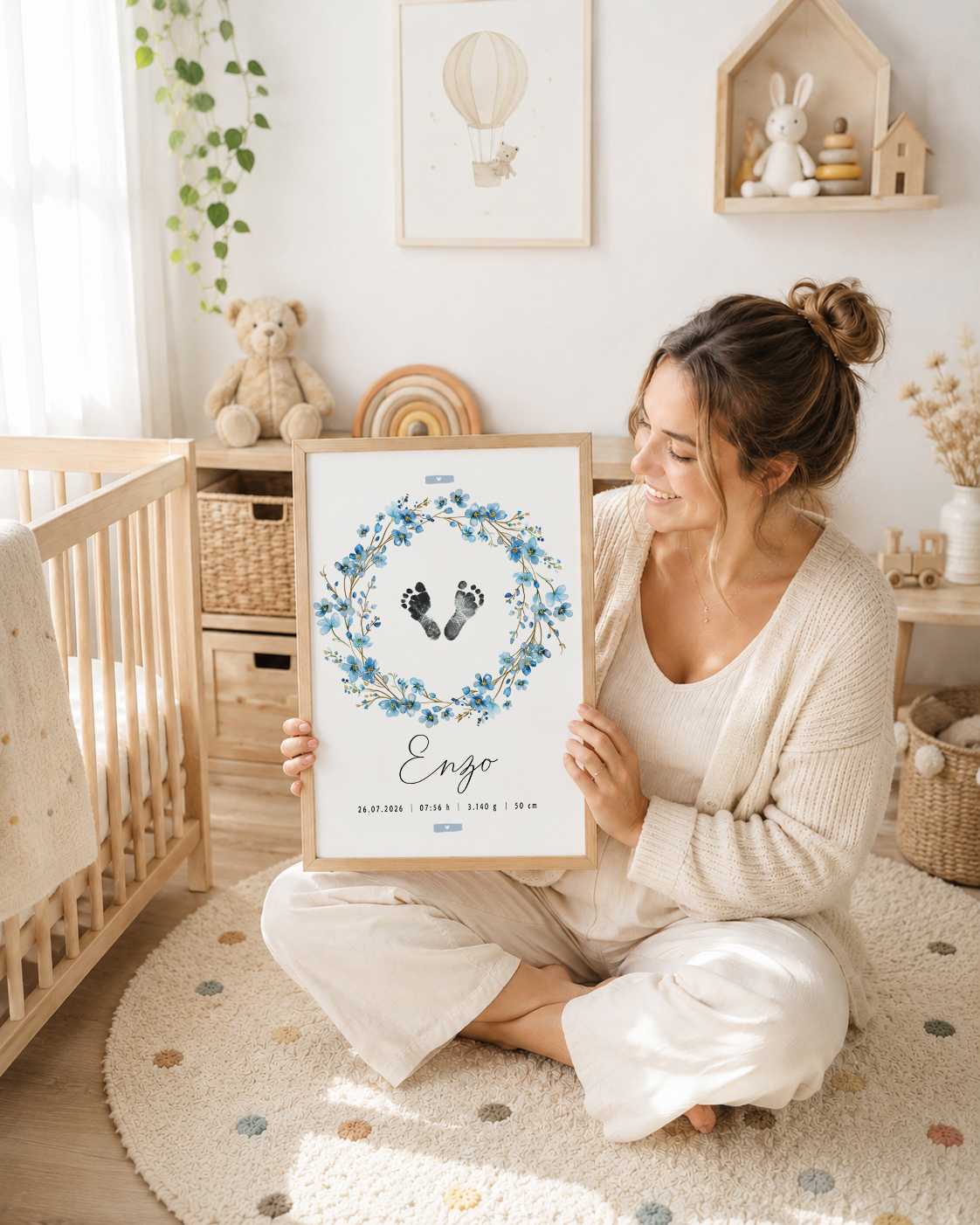 Mamá en una habitación de bebé con una lámina de nacimiento personalizada de flores azules