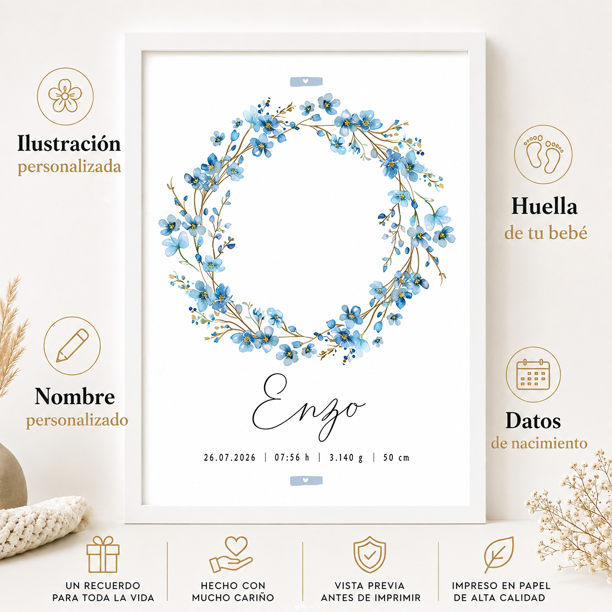 Características de la lámina de nacimiento personalizada con huellas y flores azules