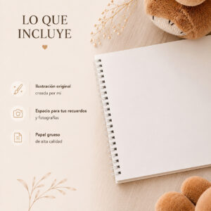 Características del álbum de fotos para bebé A4 con papel grueso e ilustración original de Julie Vanhaber