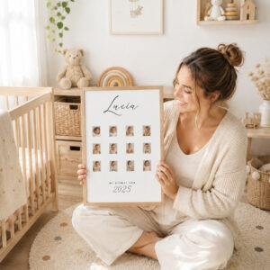 Madre sosteniendo una lámina personalizada Mi Primer Año con 12 fotos del bebé