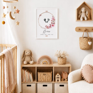 Lámina de nacimiento personalizada con flores de cerezo en una habitación de bebé