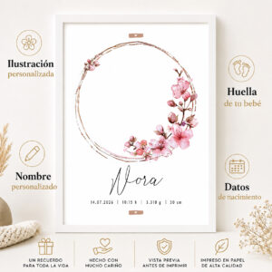 Características de la lámina de nacimiento personalizada con huellas y flores de cerezo