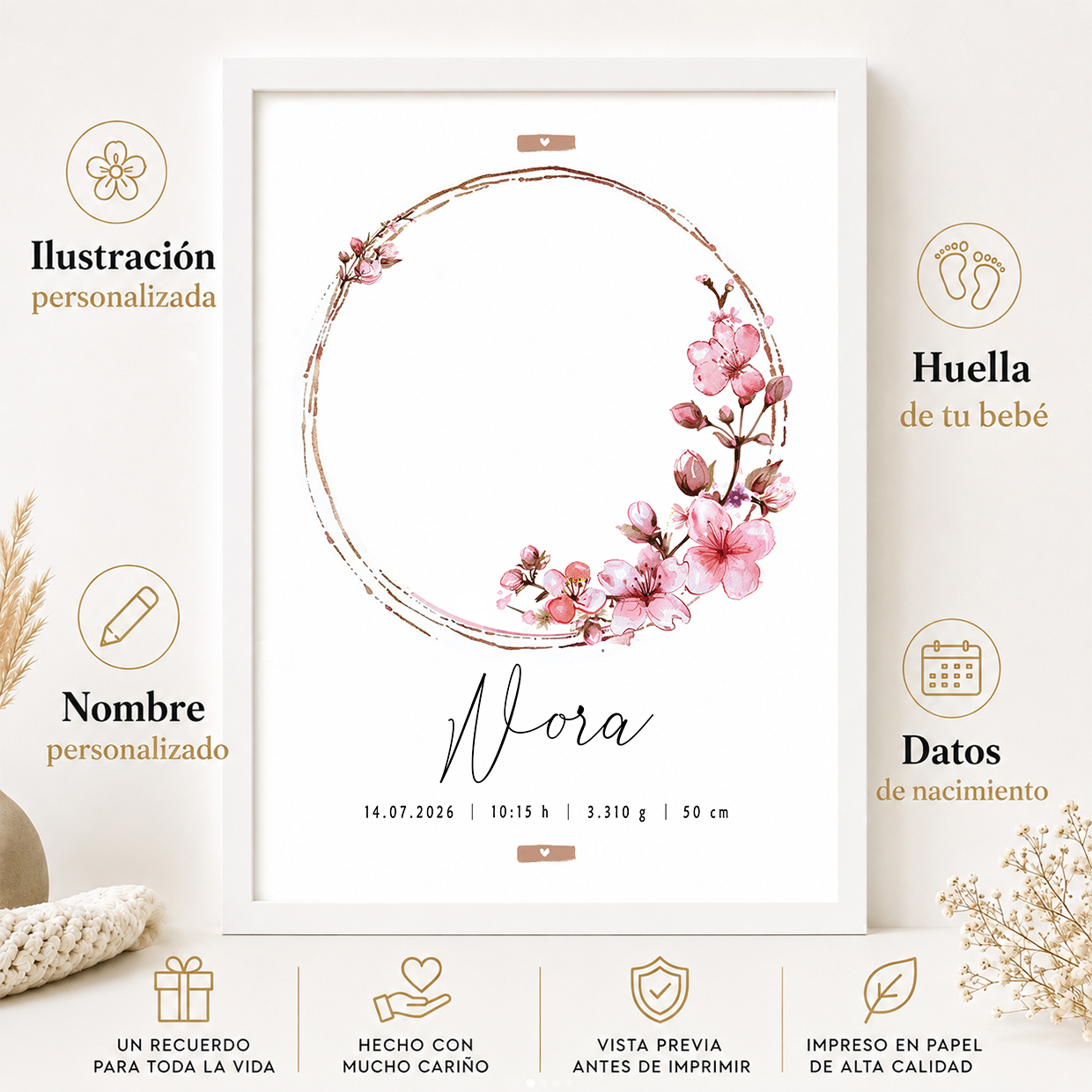 Características de la lámina de nacimiento personalizada con huellas y flores de cerezo