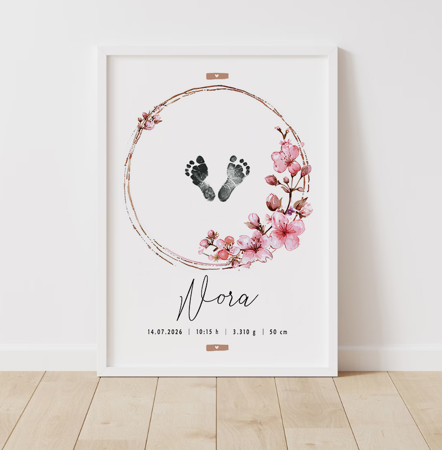 Lámina de nacimiento personalizada con huellas y flores de cerezo en marco blanco