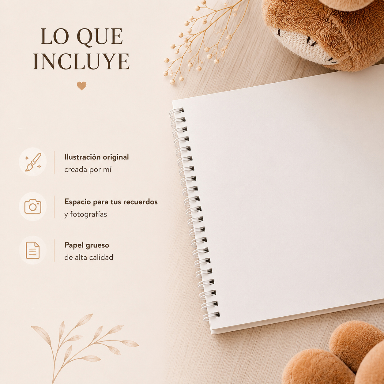 Características del álbum de fotos para bebé A4 con papel grueso e ilustración original de Julie Vanhaber