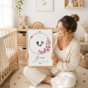 Mamá en una habitación de bebé con una lámina de nacimiento personalizada de flores de cerezo