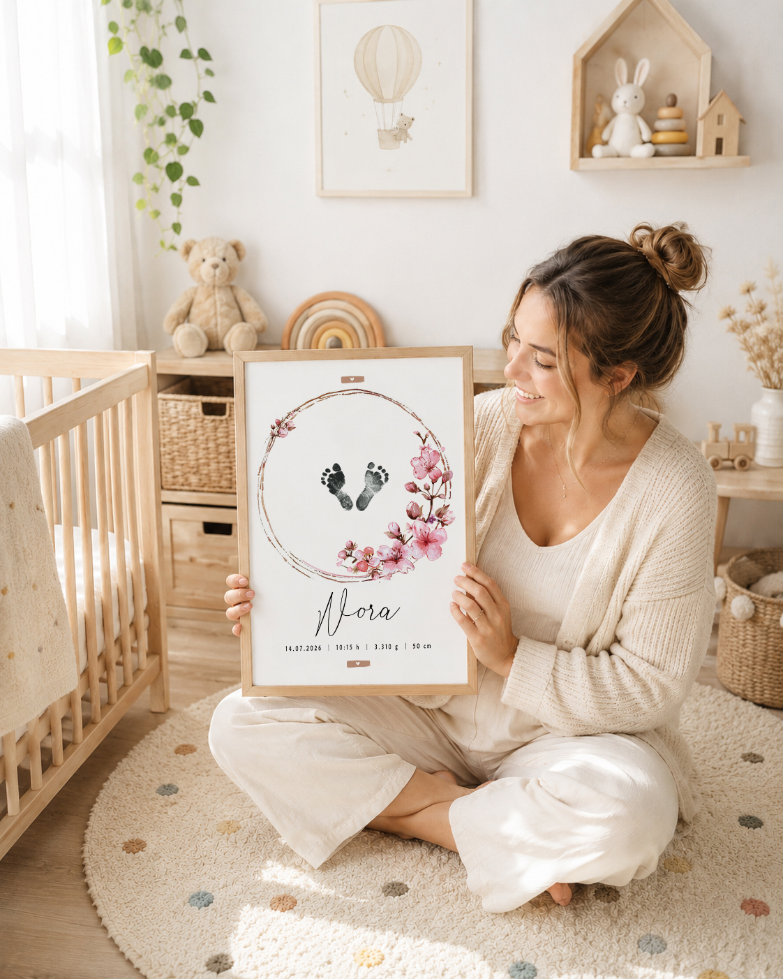 Mamá en una habitación de bebé con una lámina de nacimiento personalizada de flores de cerezo