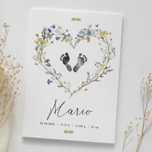 Lámina de nacimiento personalizada con huellas y flores silvestres