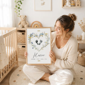 Mamá en una habitación de bebé con una lámina de nacimiento personalizada de flores silvestres