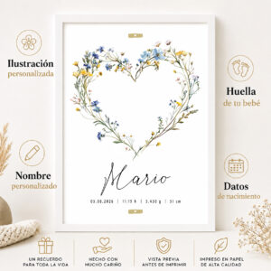 Características de la lámina de nacimiento personalizada con huellas y flores silvestres