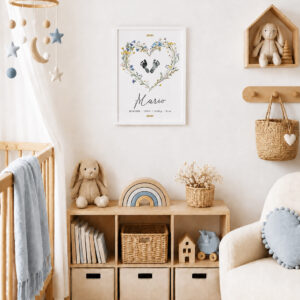 Lámina de nacimiento personalizada con flores silvestres en una habitación de bebé