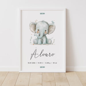 Lámina de nacimiento personalizada Dulce elefante con nombre y datos del bebé
