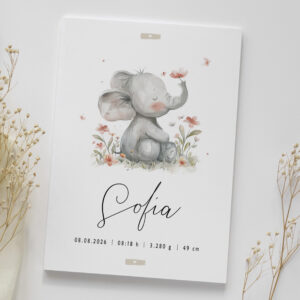 Detalle de la lámina de nacimiento personalizada Elefante floral