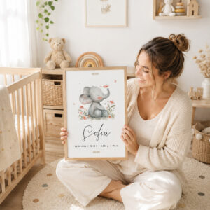 Madre sosteniendo una lámina de nacimiento personalizada Elefante floral en una habitación infantil