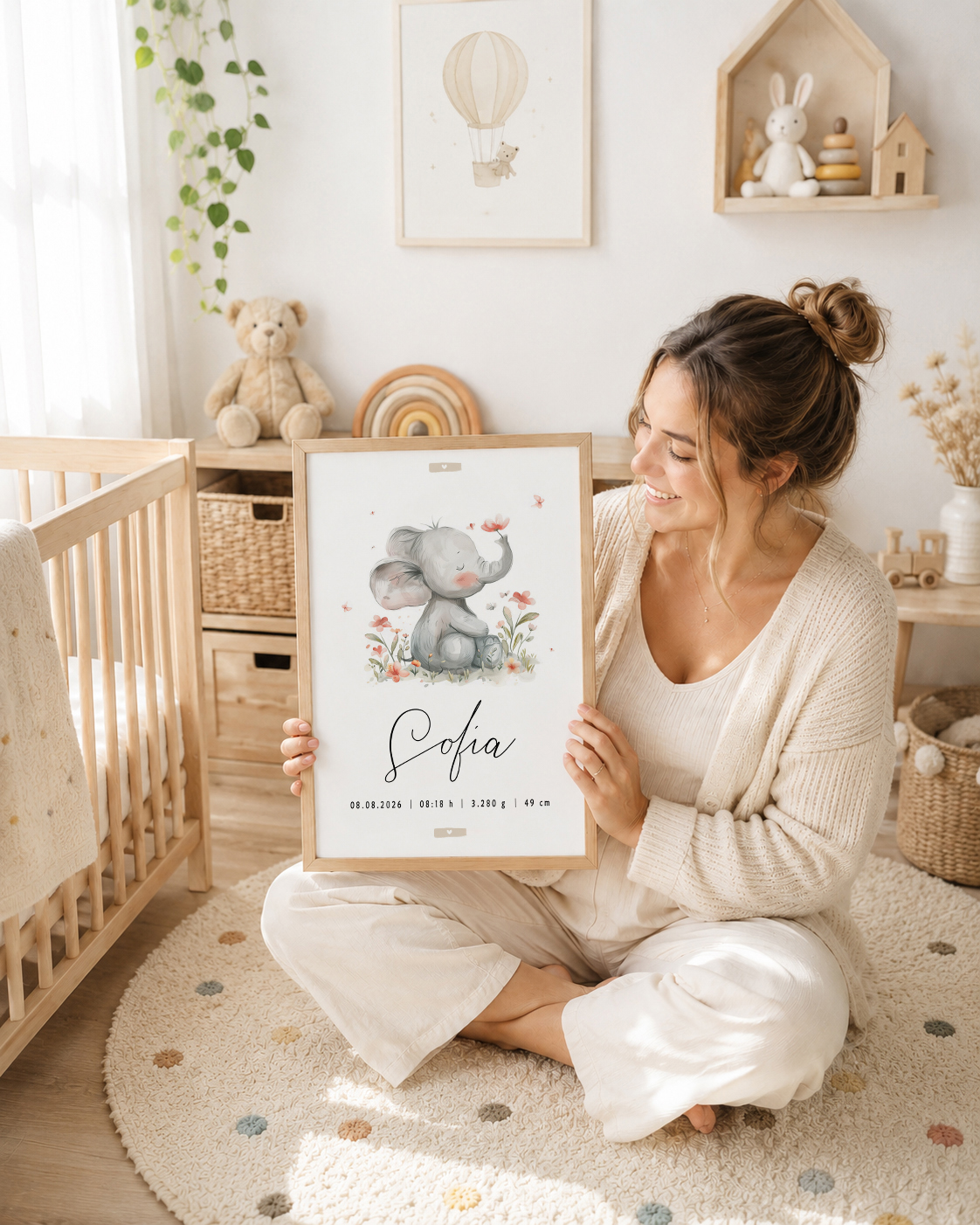 Madre sosteniendo una lámina de nacimiento personalizada Elefante floral en una habitación infantil
