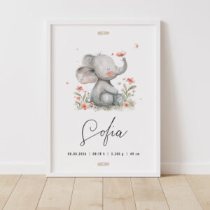 Lámina de nacimiento personalizada Elefante floral en un marco blanco