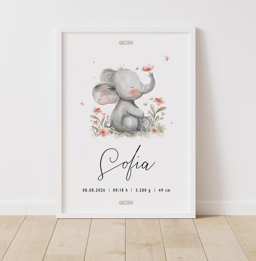 Lámina de nacimiento personalizada Elefante floral en un marco blanco