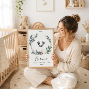 Mamá en una habitación de bebé con una lámina de nacimiento personalizada de corona botánica