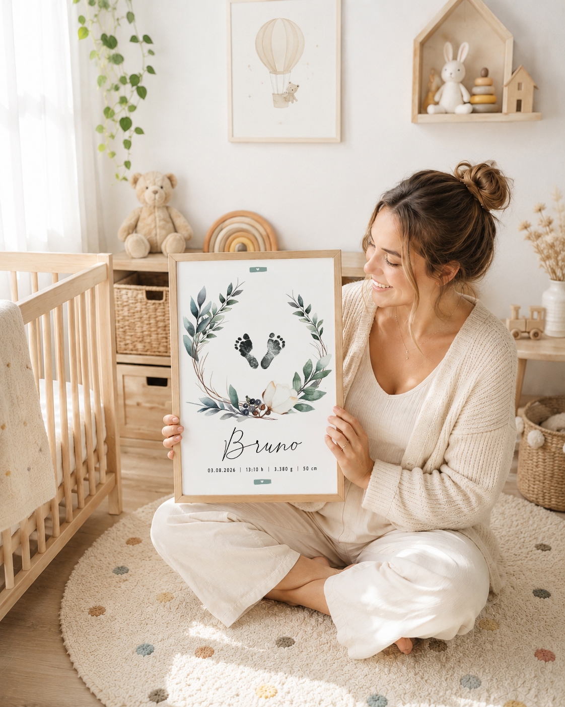 Mamá en una habitación de bebé con una lámina de nacimiento personalizada de corona botánica