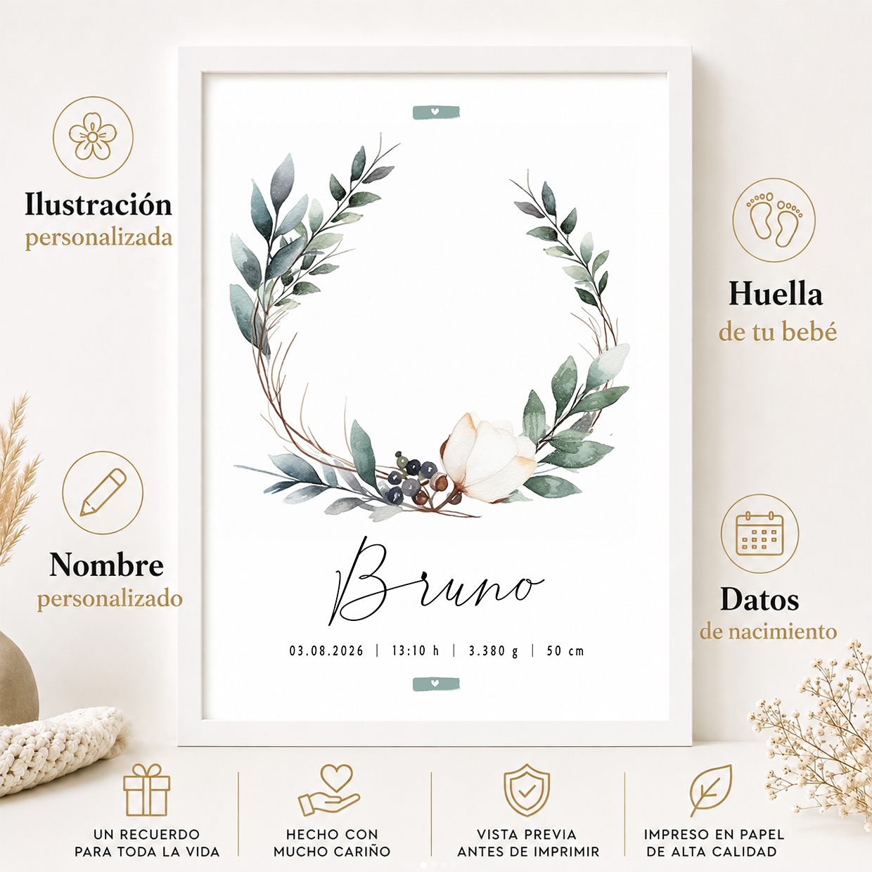 Características de la lámina de nacimiento personalizada con huellas y corona botánica