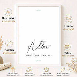 Características de la lámina de nacimiento personalizada con huellas y minimalista