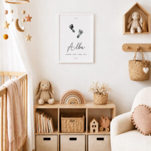 Lámina de nacimiento personalizada con minimalista en una habitación de bebé