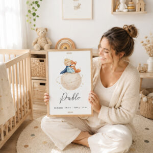 Madre sosteniendo una lámina de nacimiento personalizada Pequeño príncipe y zorro
