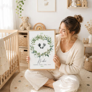 Mamá en una habitación de bebé con una lámina de nacimiento personalizada de hojas verdes