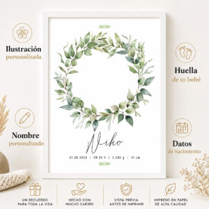 Características de la lámina de nacimiento personalizada con huellas y hojas verdes